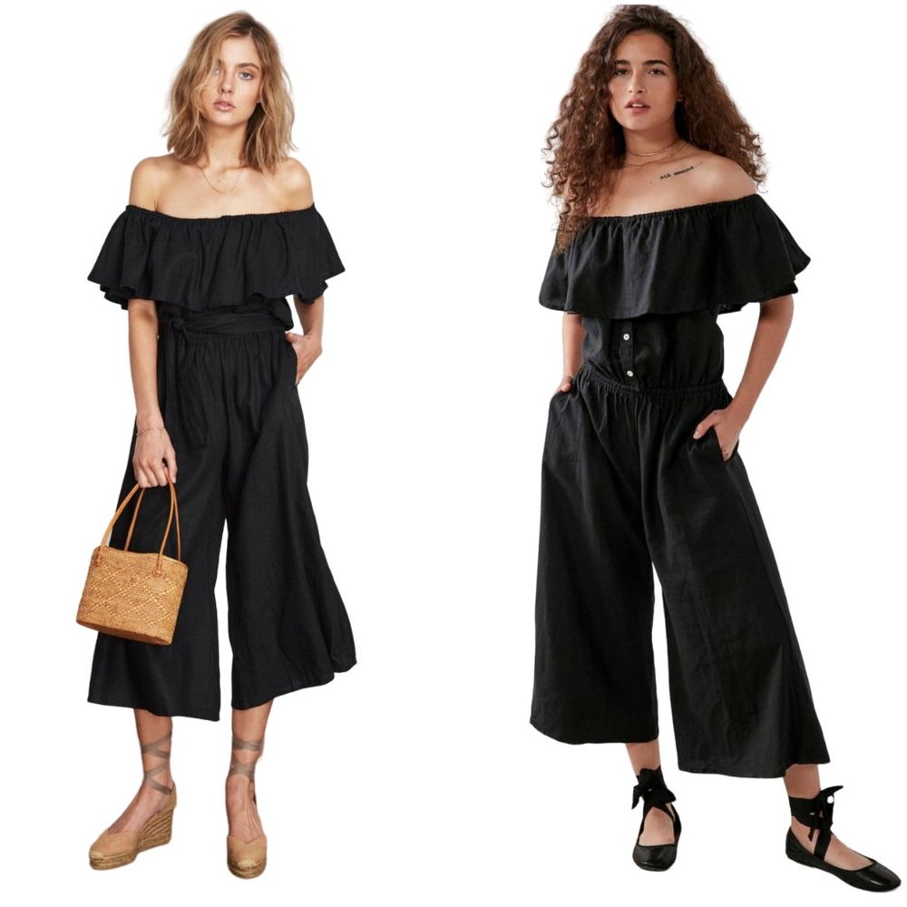 Faithfull The Brand Holiday Off the Shoulder Jumpsuit black XS 2 wide leg linen